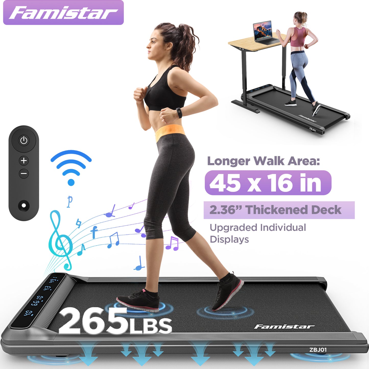 Walking Pad 2 in 1 Under Desk Treadmill, Portable Walking Jogging Machine for Home Office, 2.5HP Quiet Brushless Motor, LCD Display, Remote Control, 265lbs Capacity