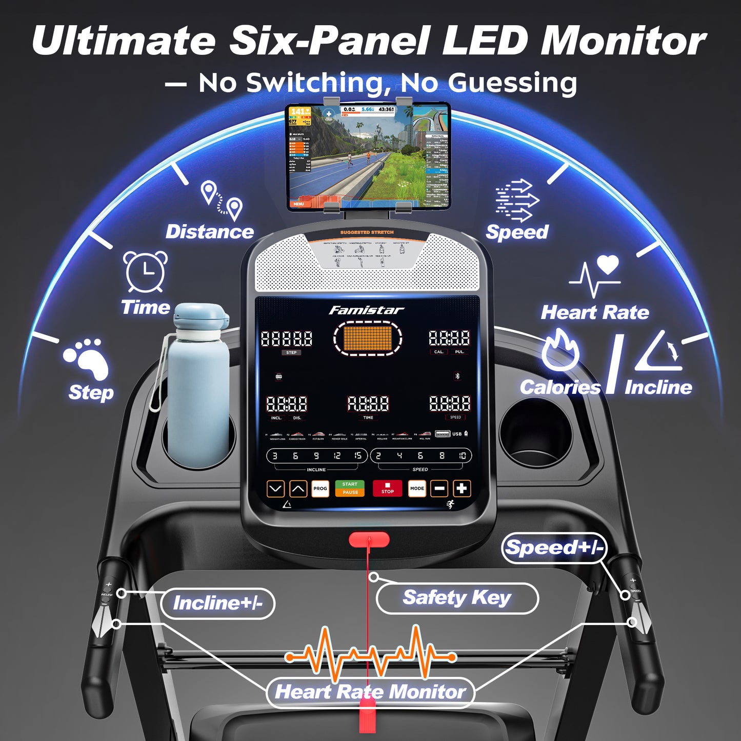 Famistar T90 | 2026 Latest Treadmill for Home Use | All-In-One Electric Treadmill with 20% Auto Incline, LCD monitor, Smart Compact Foldable Running Machine