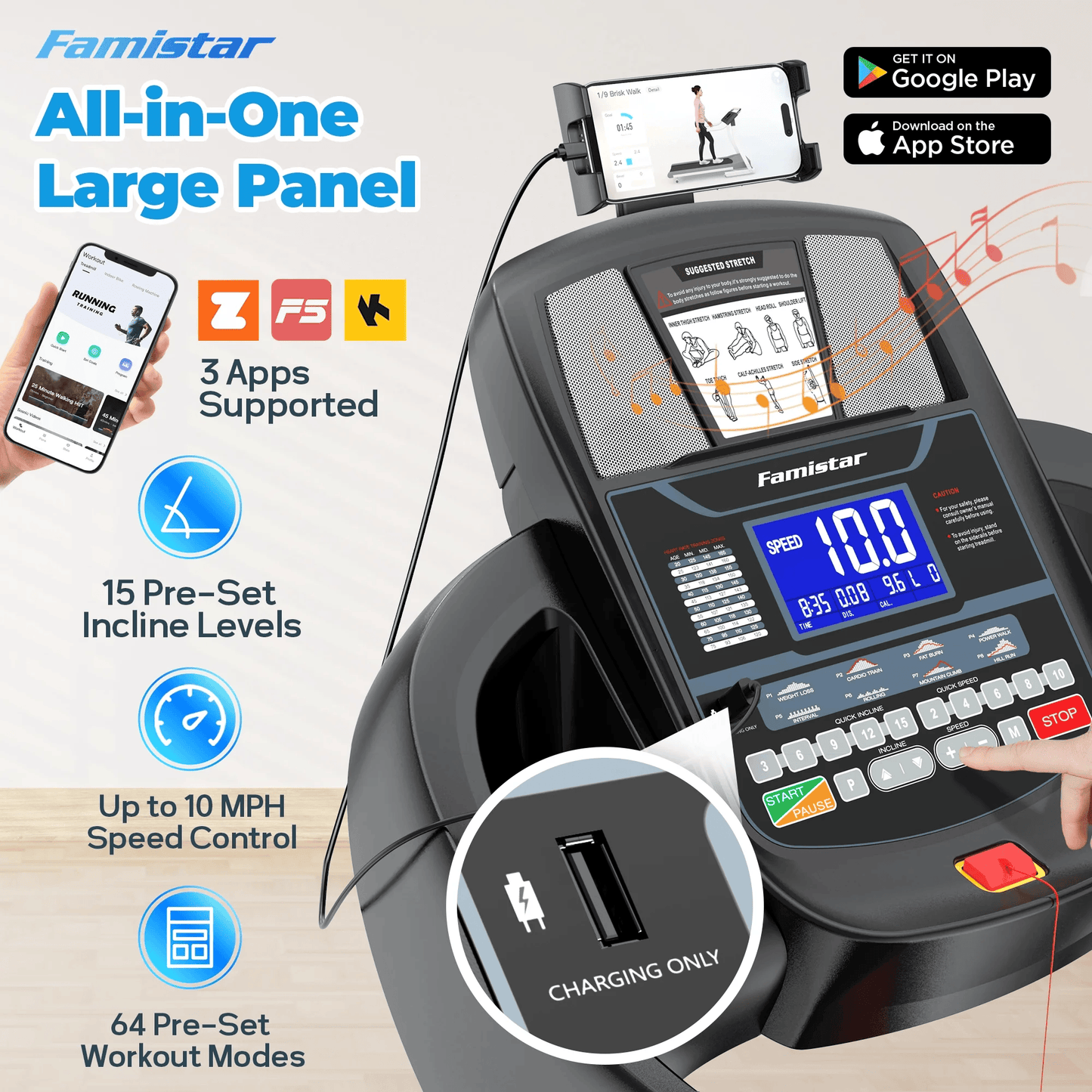 Folding Electric Treadmill for Home Gym – Portable Running & Walking Machine with Adjustable Incline, Smart APP Control, 64 Workout Programs, 300 lb Capacity, Bluetooth Speakers, 7.5MPH Speed