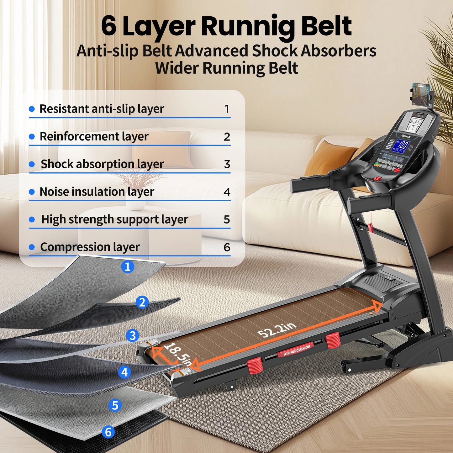 New Bundle! Famistar T532 Smart Folding Treadmill with 360° Rotating Cooling Fan & Convertible Phone/Tablet Holder + Knee Strap| 5.1HP Brushless Motor, Auto Incline, Compact Design, 3-Speed Adjustable Airflow