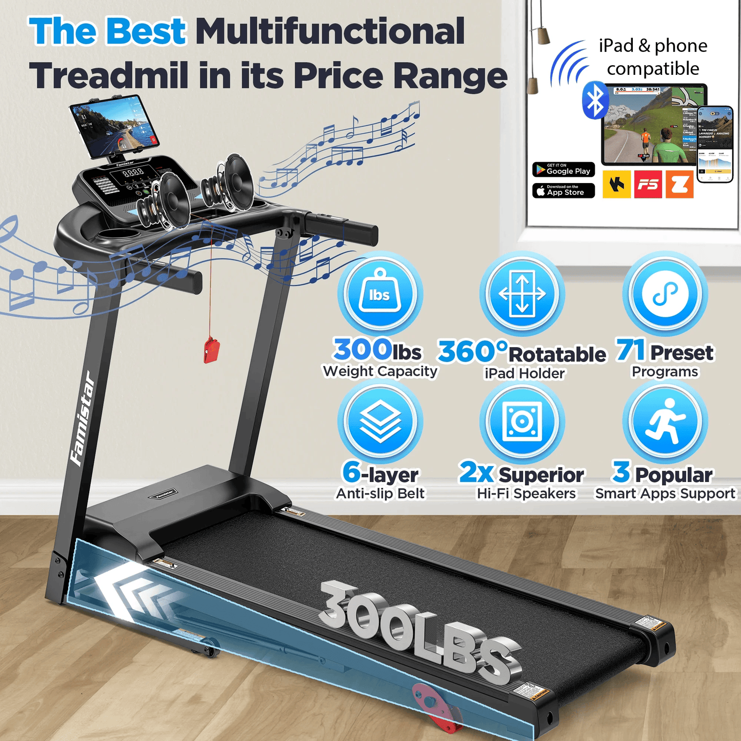 Smart Foldable Treadmill for Home with Adjustable Incline, APP & Bluetooth, 64 Workout Programs, 300 LBs Capacity | Famistar Portable Electric Running & Walking Machine