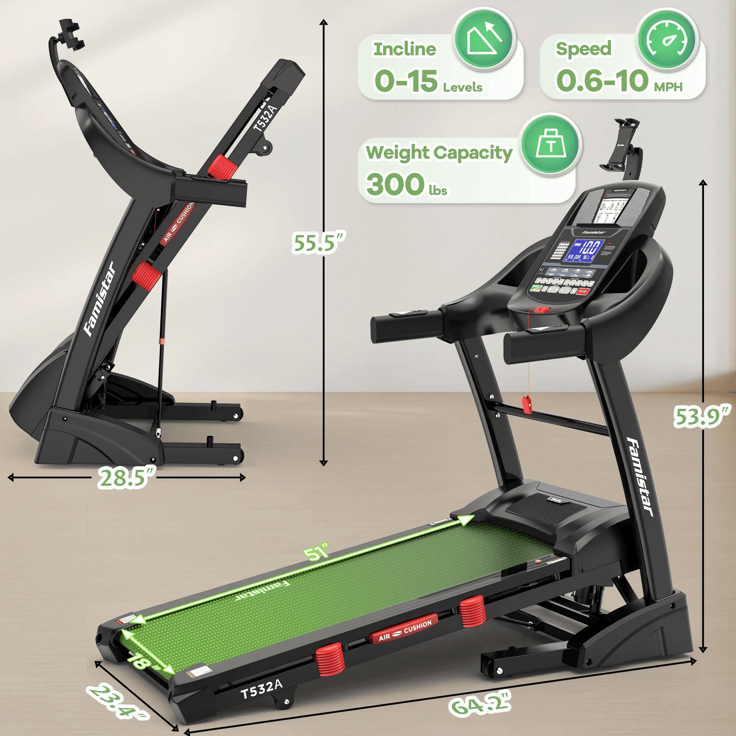 Famistar 5.0HP Smart Folding Treadmill for Home – 15% Auto Incline, 64 Workout Programs, 10MPH Speed, Bluetooth Speakers, APP Control, 300 lbs Capacity, Compact Electric Running Machine with Knee Strap Gift