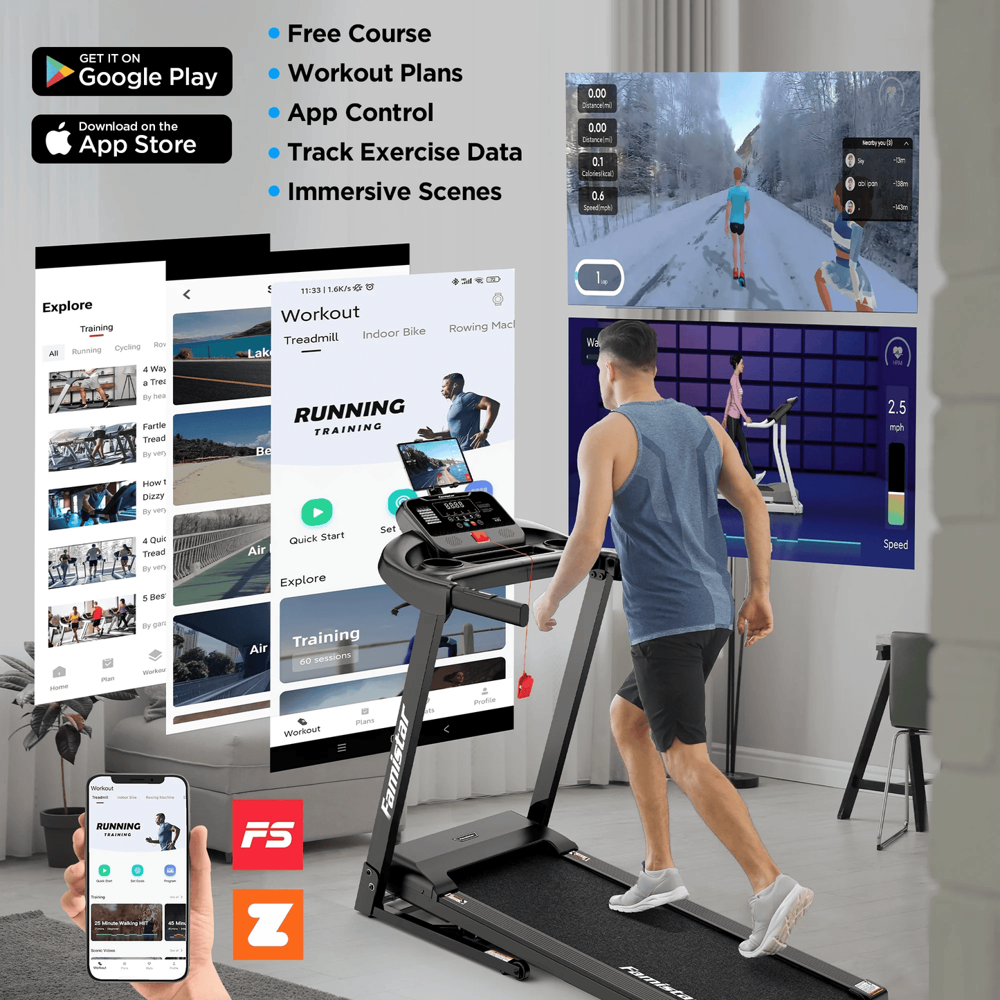 Smart Folding Treadmill for Home – Famistar Portable Electric Running Machine with Adjustable Incline, Bluetooth Speakers, APP Control, 64 Workout Programs, 300 lbs Capacity, Up to 7.5 MPH for Walking, Jogging & Running