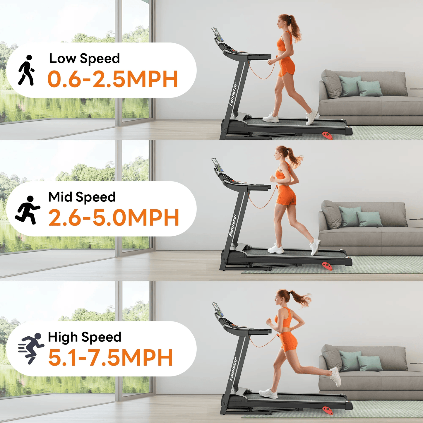 300LBS Capacity Portable Treadmill, Free Training Classes with APP, 64+3+3+1 Programs, Air damping System, 7.5MPH Jogging Walking Exercise Machine