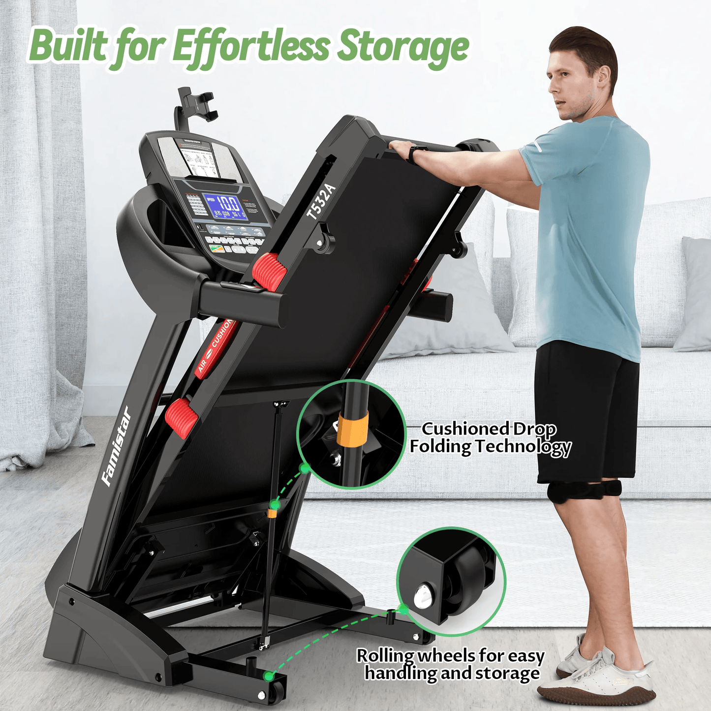 Famistar 5.0HP Smart Folding Treadmill for Home – 15% Auto Incline, 64 Workout Programs, 10MPH Speed, Bluetooth Speakers, APP Control, 300 lbs Capacity, Compact Electric Running Machine with Knee Strap Gift