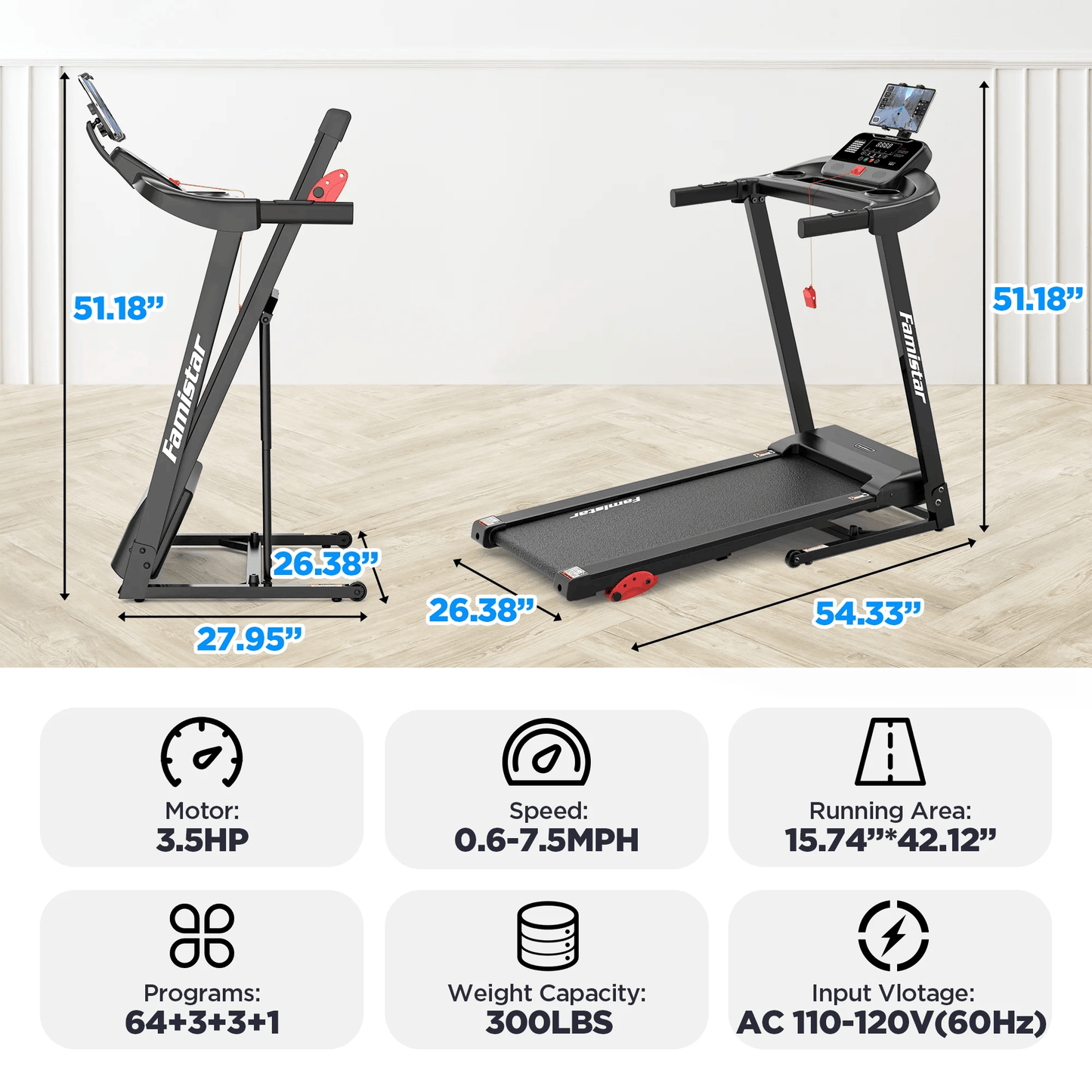 Smart Foldable Treadmill for Home with Adjustable Incline, APP & Bluetooth, 64 Workout Programs, 300 LBs Capacity | Famistar Portable Electric Running & Walking Machine