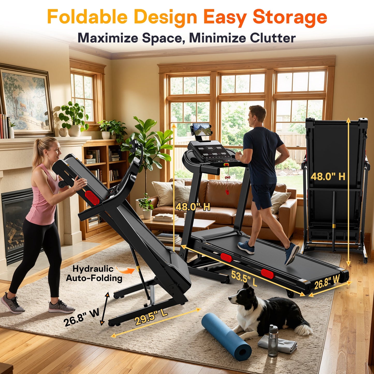 Folding Electric Treadmill for Home, Compact Running Machine with 4HP Motor, Treadmill 300 lb Capacity, Treadmill with 15% Incline, 9MPH, Quiet Brushless Motor, 105 Programs, Space-Saving