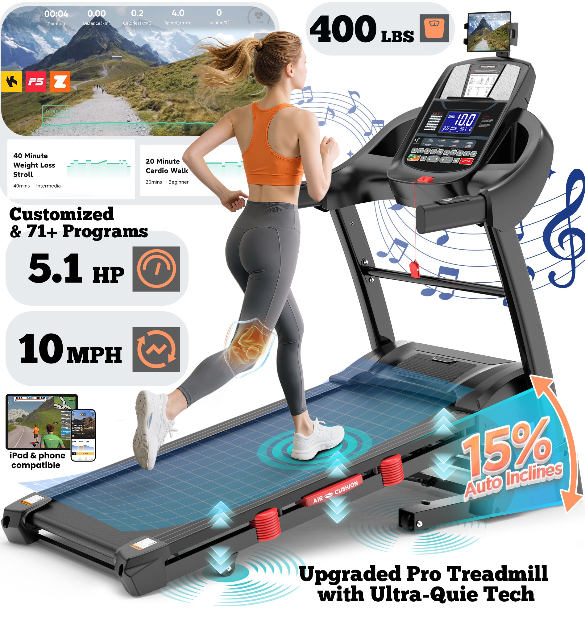 Treadmill with incline, Ultra Quiet Technology powered by Famistar, upgraded version for T532