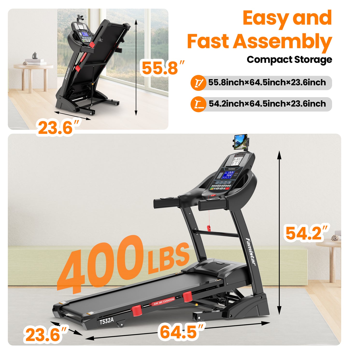 famistar treadmill T532 with folding design and apartment friendly compact storage