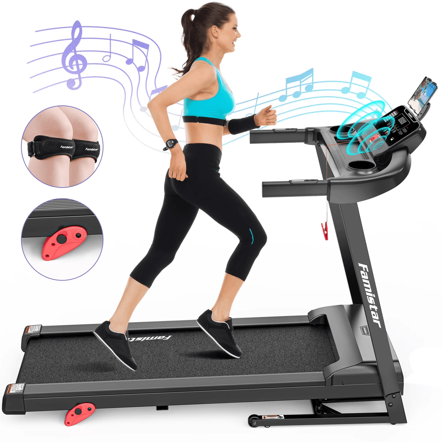 Famistar Folding Treadmill with Incline & App Control – Compact 2.6HP Electric Running Machine for Home, 7.5MPH Speed, 301 lbs Capacity, HiFi Bluetooth Speakers