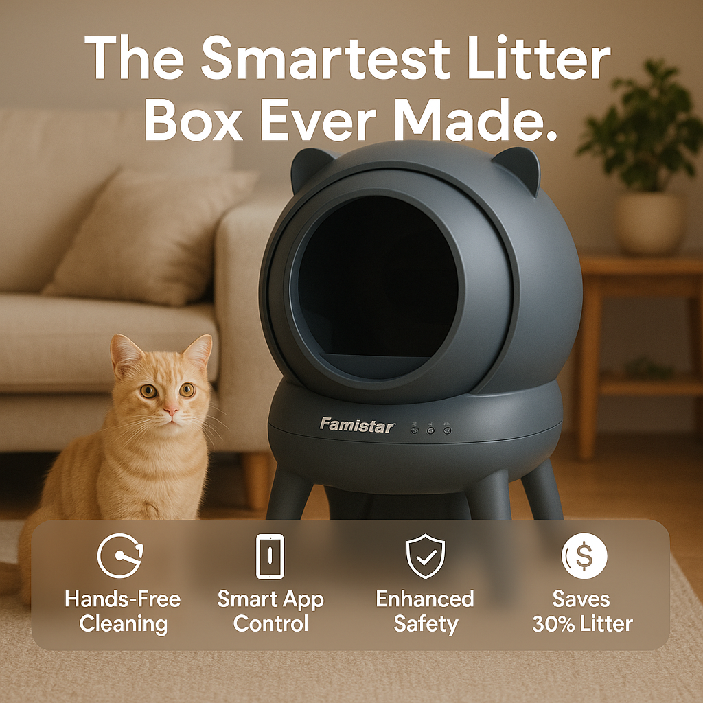 Famistar All-In-One Smart Self-Cleaning Cat Litter Box (100+15L Large), Mat & 2-roll set of Liners included – Automatic, App-Controlled & Safe for Kittens
