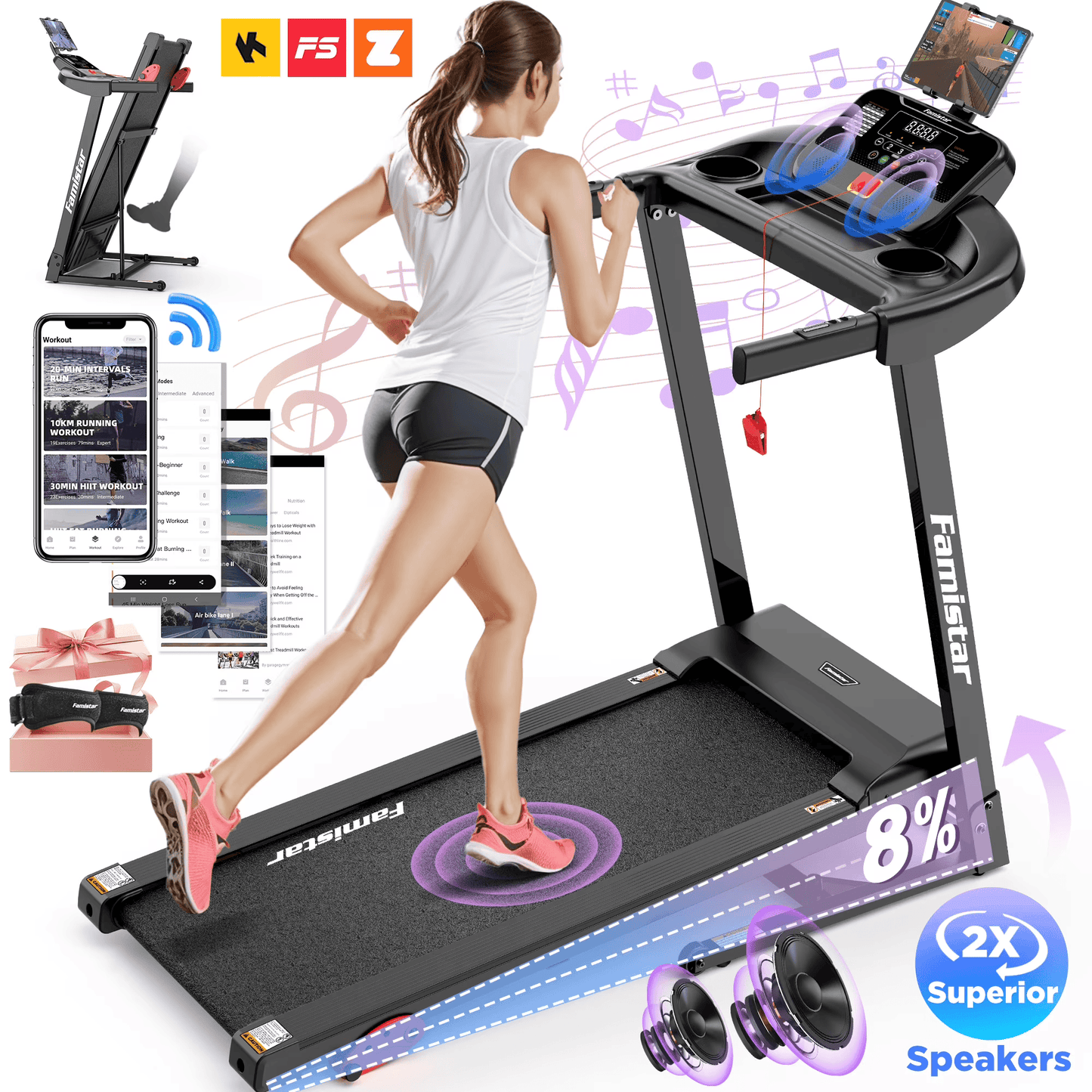 Smart Foldable Treadmill for Home with Adjustable Incline, APP & Bluetooth, 64 Workout Programs, 300 LBs Capacity | Famistar Portable Electric Running & Walking Machine