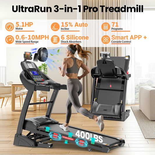 New Bundle! Famistar T532 Smart Folding Treadmill with 360° Rotating Cooling Fan & Convertible Phone/Tablet Holder + Knee Strap| 5.1HP Brushless Motor, Auto Incline, Compact Design, 3-Speed Adjustable Airflow