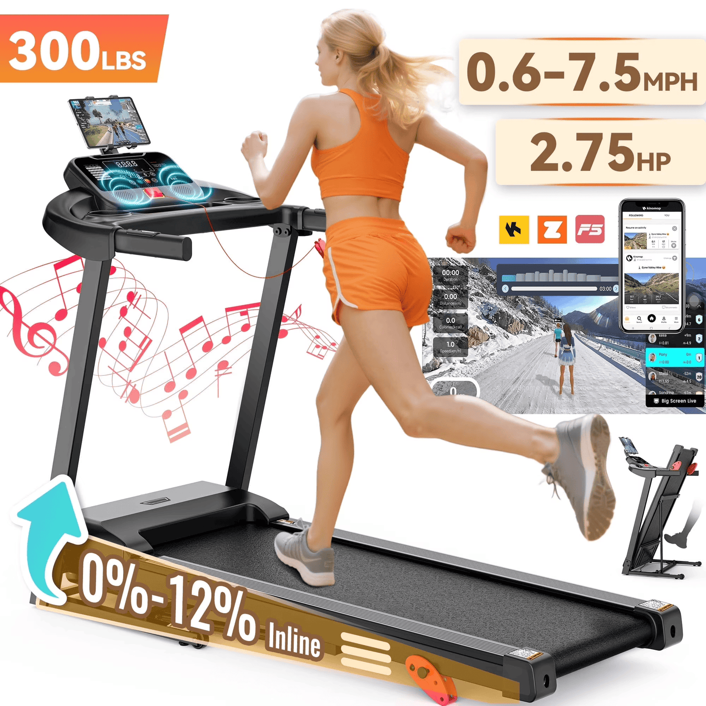 3HP 300lb Capacity Treadmill with 64+3+4 Program, 3 Adjustable Incline, Folding Treadmill for Home Running & Jogging, 10MPH Speed, HiFi Bluetooth Speakers