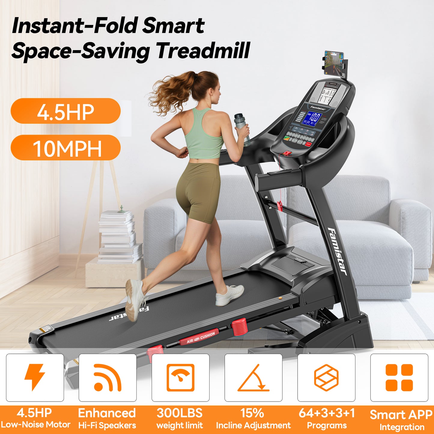 Famistar Treadmill T532 with Brushless Power! | Smart Folding Treadmill for Home & Office – Multiple-Level Auto Incline, Touchscreen, Bluetooth & Compact Design | For Premium Fitness