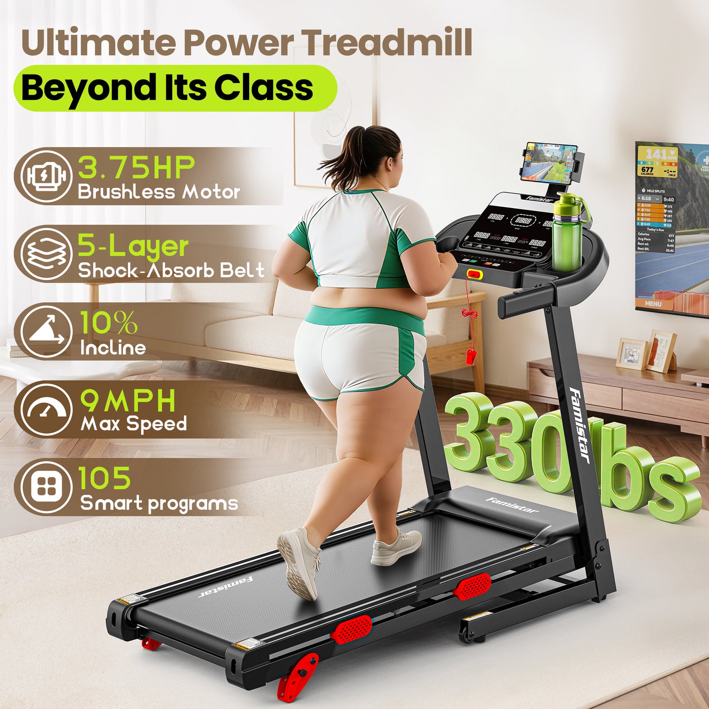 3.65HP 9MPH Treadmill for Home, 330LBS Capacity, Folding Treadmill w/ Incline & 105 Programs, Virtual Run with APP Control, Air damping System, Portable Exercise Equipment for Jogging Walking