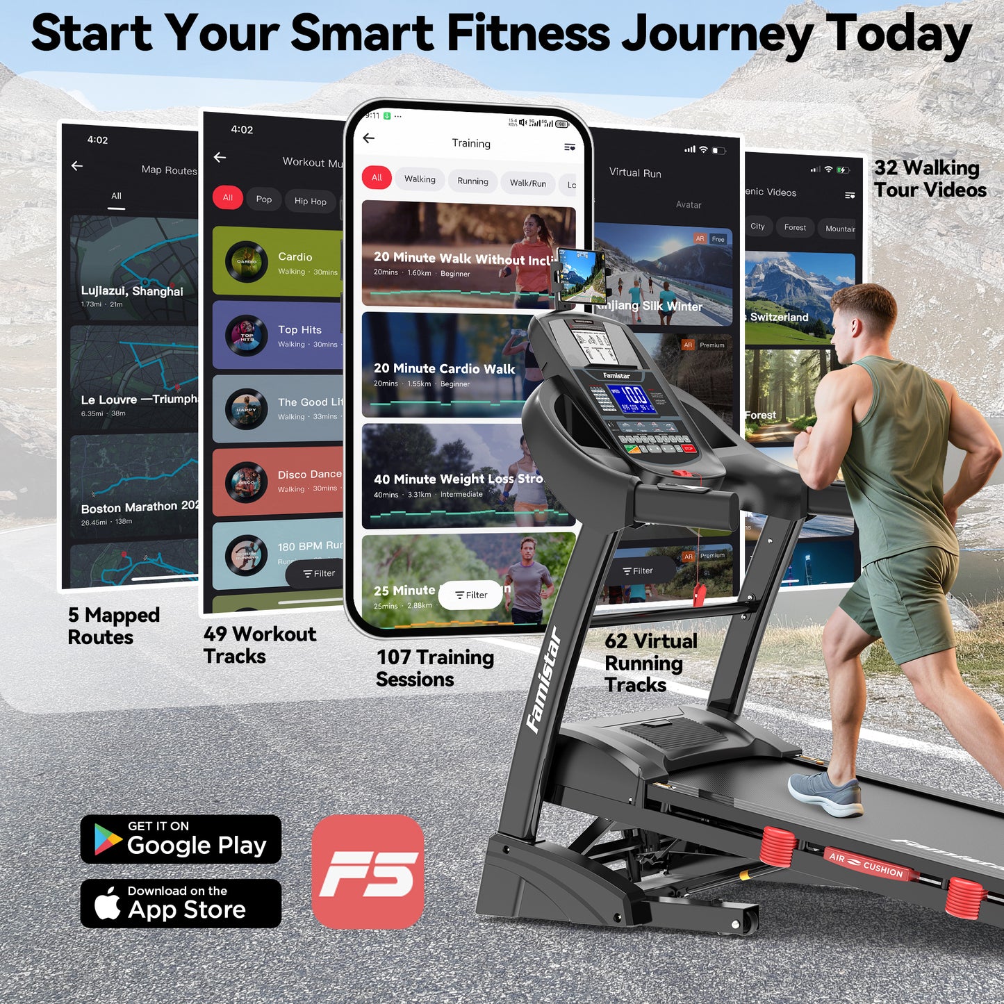 Famistar Treadmill T532 with Brushless Power! | Smart Folding Treadmill for Home & Office – Multiple-Level Auto Incline, Touchscreen, Bluetooth & Compact Design | For Premium Fitness