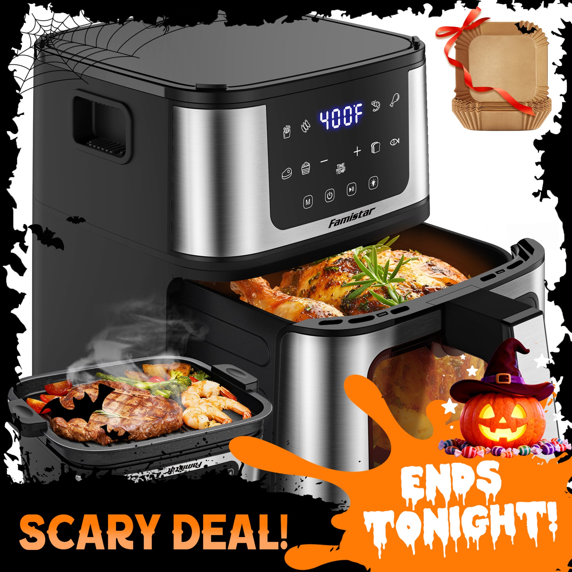 Famistar 2-in-1 Air Fryer & Grill Cooker front view — large 7.6 qt stainless-steel countertop appliance, LED touchscreen, perfect for Halloween sale Black Friday deal enjoying great discount 