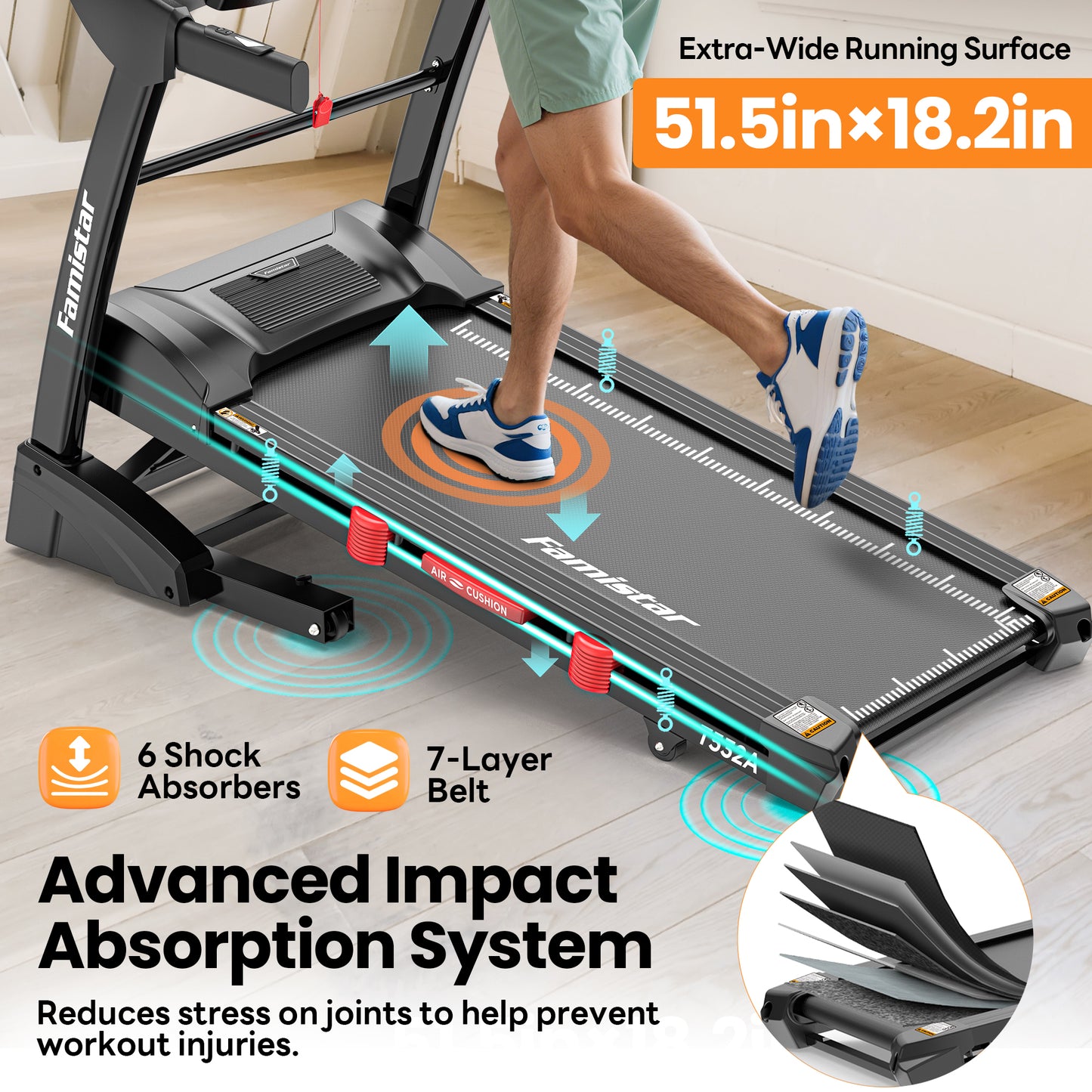 Famistar Treadmill T532 with Brushless Power! | Smart Folding Treadmill for Home & Office – Multiple-Level Auto Incline, Touchscreen, Bluetooth & Compact Design | For Premium Fitness