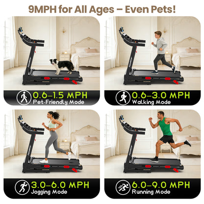 3.65HP 9MPH Treadmill for Home, 330LBS Capacity, Folding Treadmill w/ Incline & 105 Programs, Virtual Run with APP Control, Air damping System, Portable Exercise Equipment for Jogging Walking