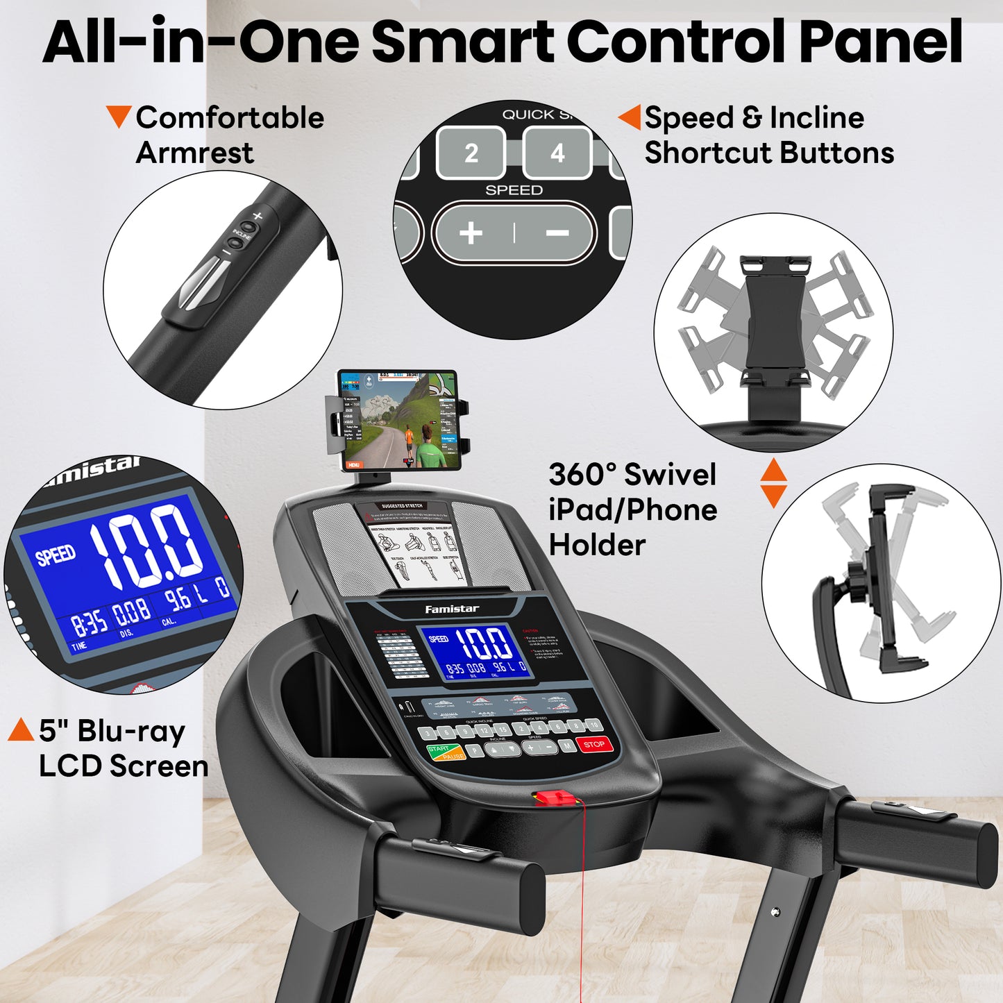 Famistar Treadmill T532 with Brushless Power! | Smart Folding Treadmill for Home & Office – Multiple-Level Auto Incline, Touchscreen, Bluetooth & Compact Design | For Premium Fitness