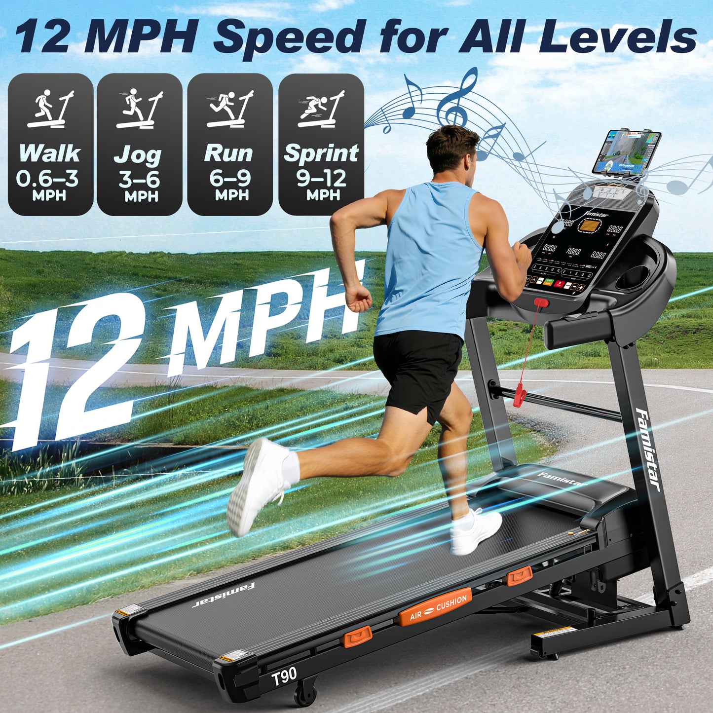 Treadmill for Home with 20% Auto Incline, 5.1HP True Brushless Motor, 12 MPH Max Speed, 400 lb Weight Capacity, Foldable Running Machine, Bluetooth App & Speaker, Wide Running Belt with Shock Absorption, 105 Built-In Programs