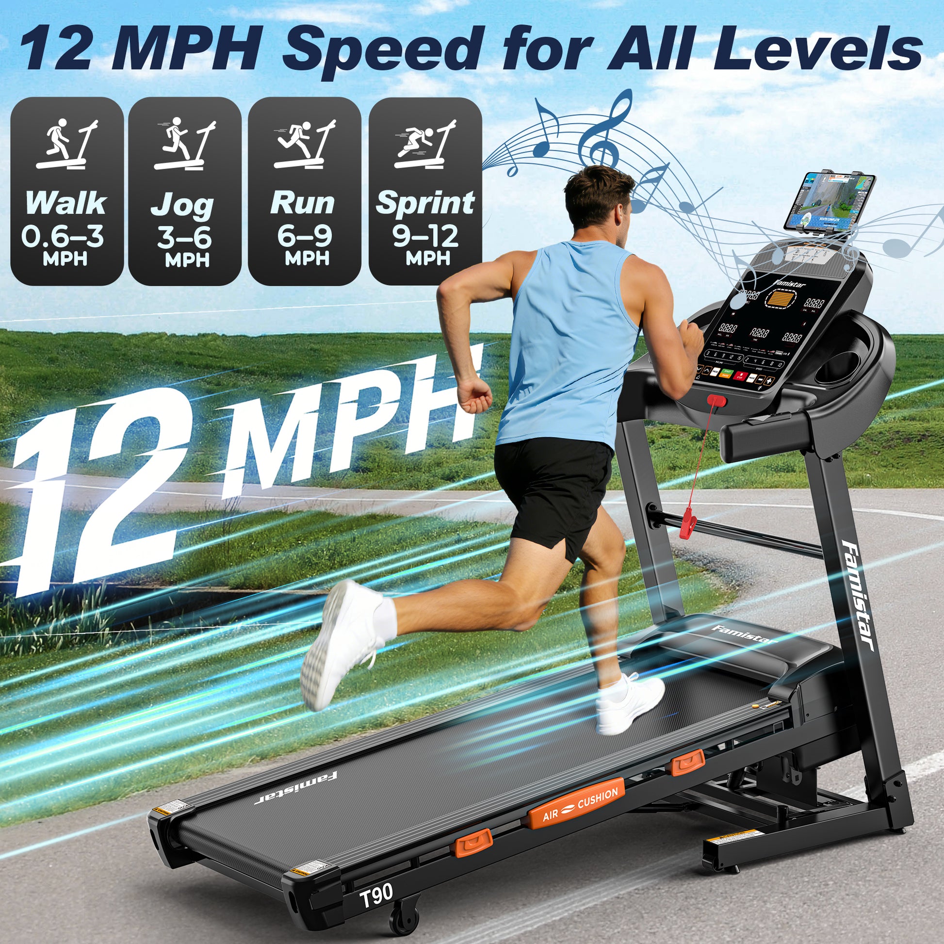 Treadmill for Home with 20% Auto Incline, 5.1HP True Brushless Motor, 12 MPH Max Speed, 400 lb Weight Capacity, Foldable Running Machine, Bluetooth App & Speaker, Wide Running Belt with Shock Absorption, 105 Built-In Programs