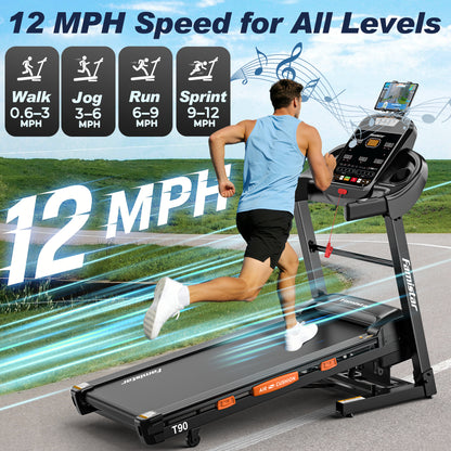 Treadmill for Home with 20% Auto Incline, 5.1HP True Brushless Motor, 12 MPH Max Speed, 400 lb Weight Capacity, Foldable Running Machine, Bluetooth App & Speaker, Wide Running Belt with Shock Absorption, 105 Built-In Programs