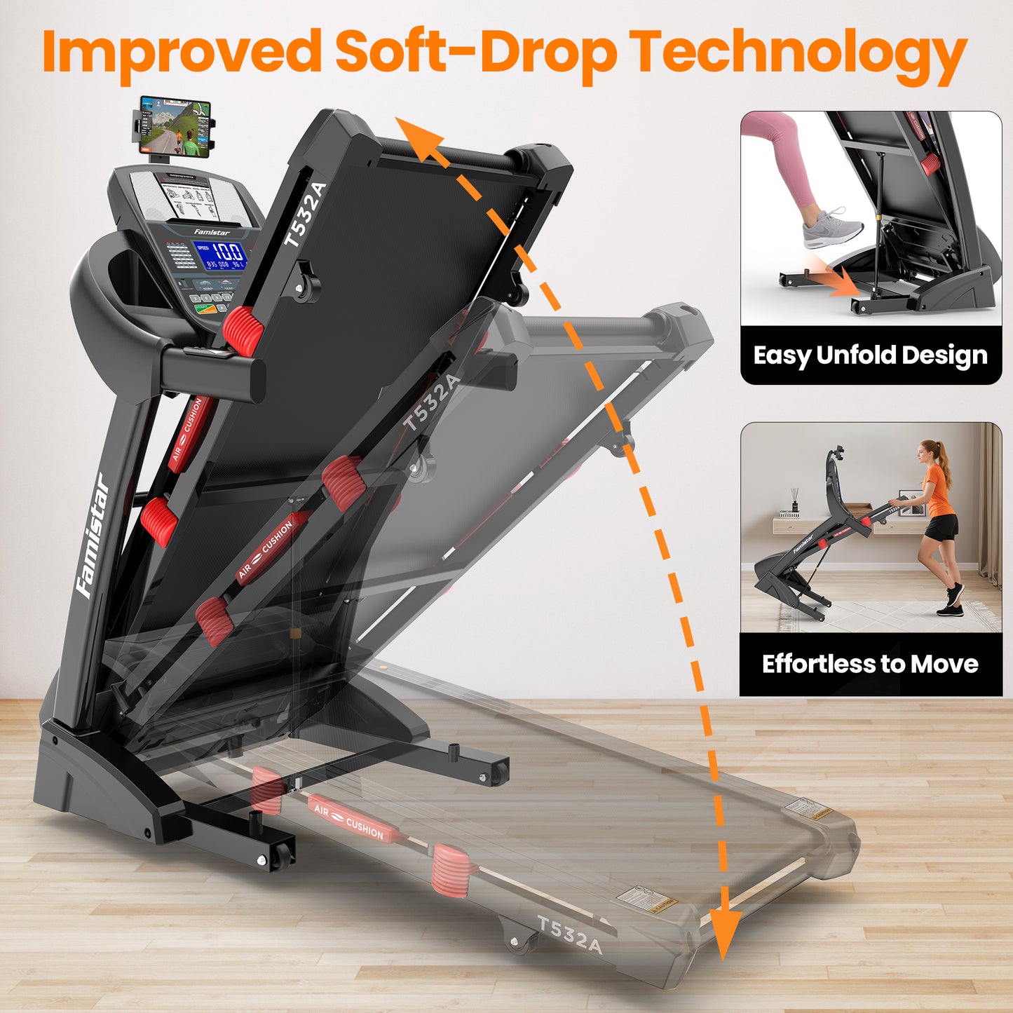 Famistar Treadmill T532 with Brushless Power! | Smart Folding Treadmill for Home & Office – Multiple-Level Auto Incline, Touchscreen, Bluetooth & Compact Design | For Premium Fitness