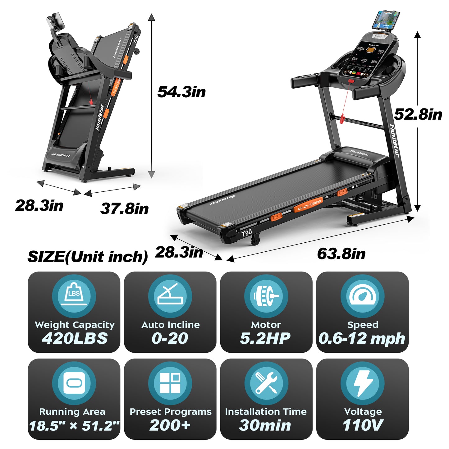 Famistar T90 | 2026 Latest Treadmill for Home Use | All-In-One Electric Treadmill with 20% Auto Incline, LCD monitor, Smart Compact Foldable Running Machine