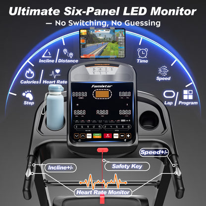 Famistar T90 | 2026 Latest Treadmill for Home Use | All-In-One Electric Treadmill with 20% Auto Incline, LCD monitor, Smart Compact Foldable Running Machine