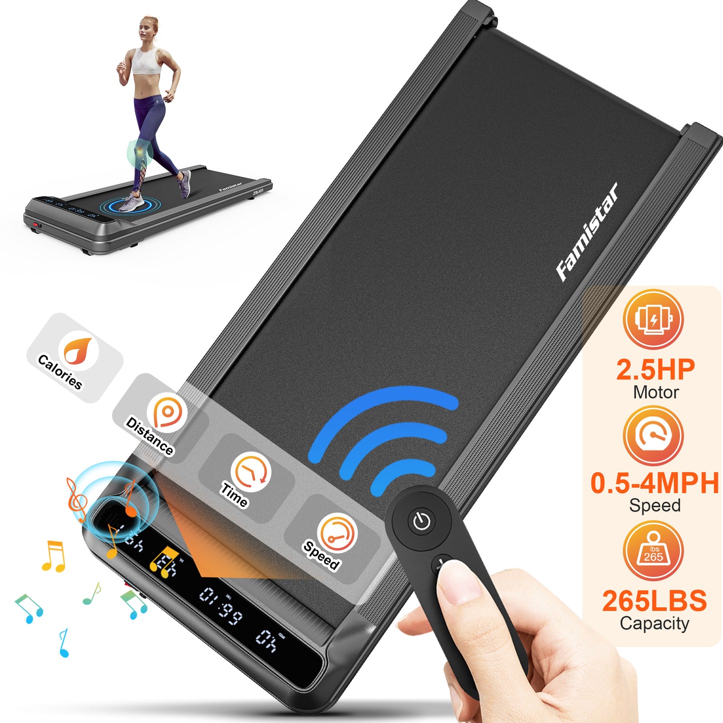 Walking Pad 2 in 1 Under Desk Treadmill, Portable Walking Jogging Machine for Home Office, 2.5HP Quiet Brushless Motor, LCD Display, Remote Control, 265lbs Capacity