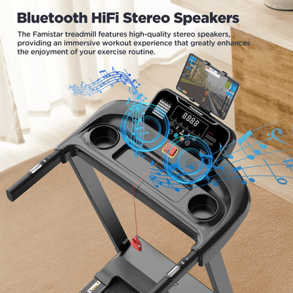 Famistar Folding Treadmill with Incline & App Control – Compact 2.6HP Electric Running Machine for Home, 7.5MPH Speed, 301 lbs Capacity, HiFi Bluetooth Speakers