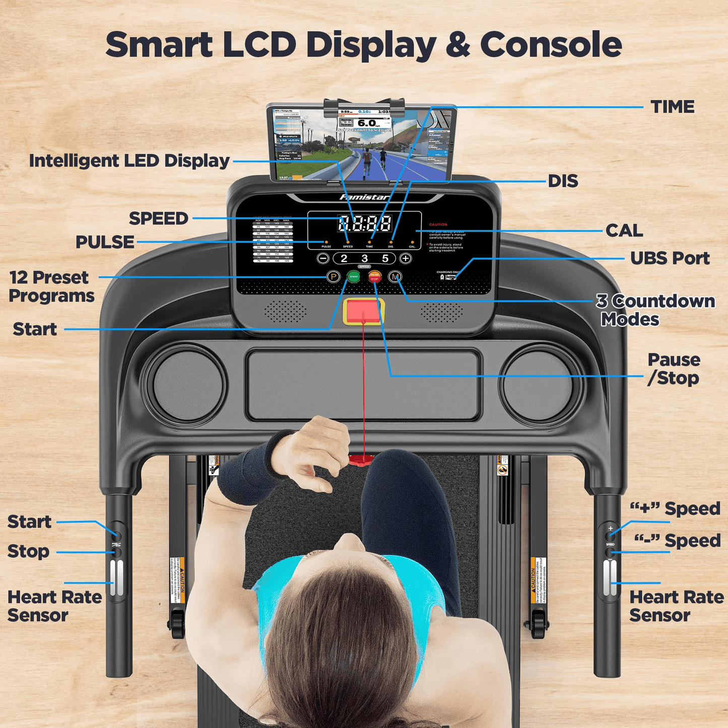 Smart Folding Treadmill for Home – Famistar Portable Electric Running Machine with Adjustable Incline, Bluetooth Speakers, APP Control, 64 Workout Programs, 300 lbs Capacity, Up to 7.5 MPH for Walking, Jogging & Running