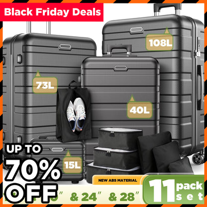 Newly-arrived! $98.99 Time-limited Offer! 11-Piece Luggage Set, Durable ABS Hard Case Suitcase Set with Spinner Wheels, Combination Lock, Lightweight Carry On Suitcase for Travel, Adjustable Handle