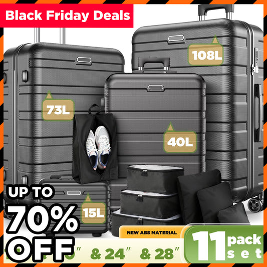 Newly-arrived! $98.99 Time-limited Offer! 11-Piece Luggage Set, Durable ABS Hard Case Suitcase Set with Spinner Wheels, Combination Lock, Lightweight Carry On Suitcase for Travel, Adjustable Handle