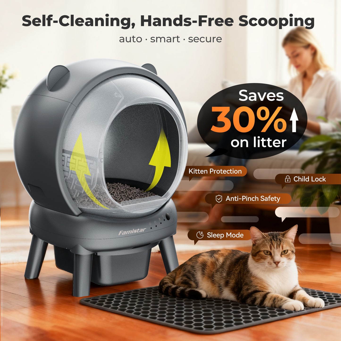 Famistar All-In-One Smart Self-Cleaning Cat Litter Box (100+15L Large), Mat & 2-roll set of Liners included  – Automatic, App-Controlled & Safe for Kittens