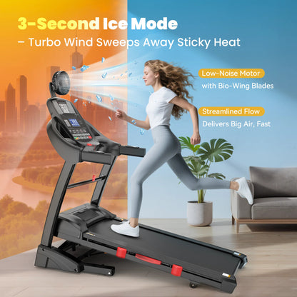 New Bundle! Famistar T532 Smart Folding Treadmill with 360° Rotating Cooling Fan & Convertible Phone/Tablet Holder + Knee Strap| 5.1HP Brushless Motor, Auto Incline, Compact Design, 3-Speed Adjustable Airflow