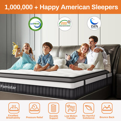 Famistar 14 inch King Hybrid Mattress – Memory Foam & Spring, Medium Firm with Strong Support & Pressure Relief, CertiPUR-US