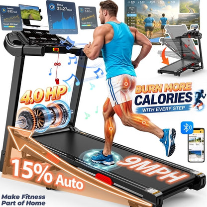 Folding Electric Treadmill for Home, Compact Running Machine with 4HP Motor, Treadmill 300 lb Capacity, Treadmill with 15% Incline, 9MPH, Quiet Brushless Motor, 105 Programs, Space-Saving