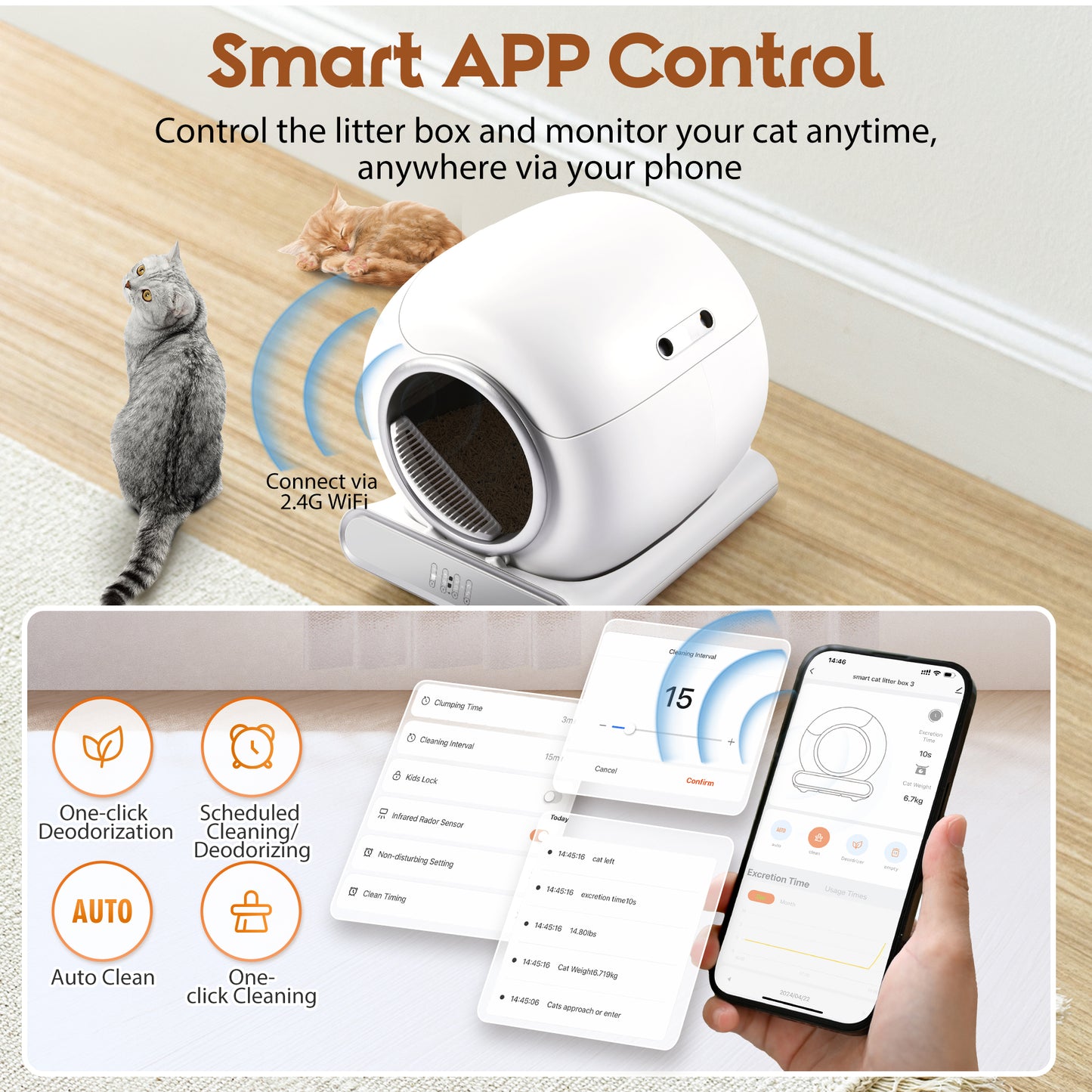 Self Cleaning Cat Litter Box, Automatic Cat Litter Box with APP Control and Odor Removal Robot with Liner, 2.4G Wifi App Control, Sensor Safety Protection for Multi Cats