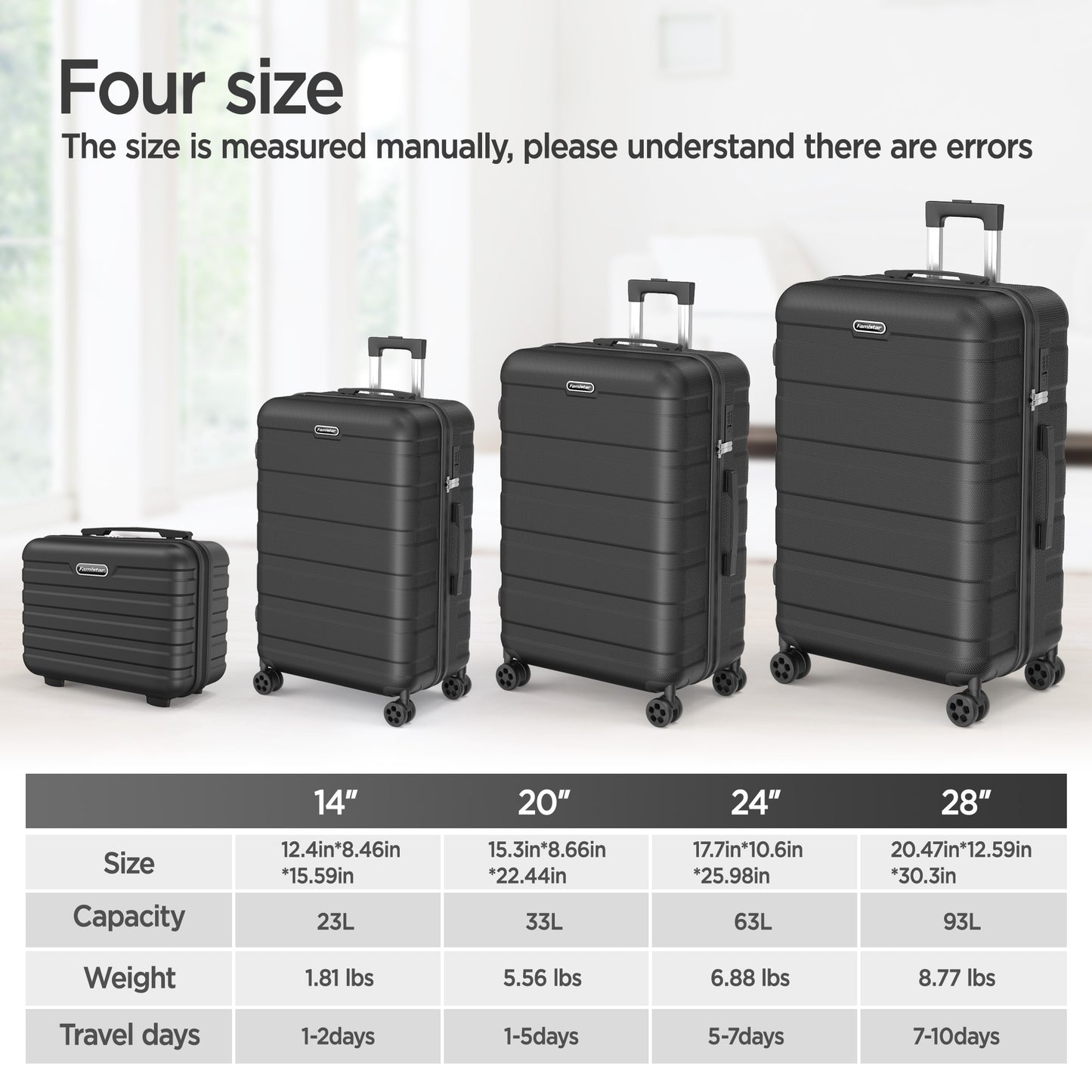 Luggage 11 Piece Set,Lightweight Carry On Luggage Suitcase Set with TSA Lock & Spinner Wheels Hardside Luggage Set 14in/20in/24in/28in(Black)