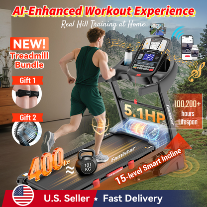 famistar.net | Exclusive Bundle! Famistar AI-enhanced Smart Folding Treadmill with 360° Rotating Cooling Fan & Convertible Phone/Tablet Holder + Knee Strap| 5.1HP Brushless Motor, Auto Incline, Compact Design