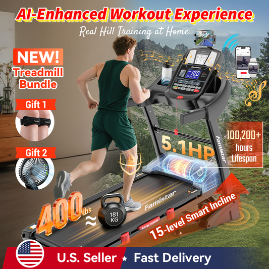famistar.net | Exclusive Bundle! Famistar AI-enhanced Smart Folding Treadmill with 360° Rotating Cooling Fan & Convertible Phone/Tablet Holder + Knee Strap| 5.1HP Brushless Motor, Auto Incline, Compact Design