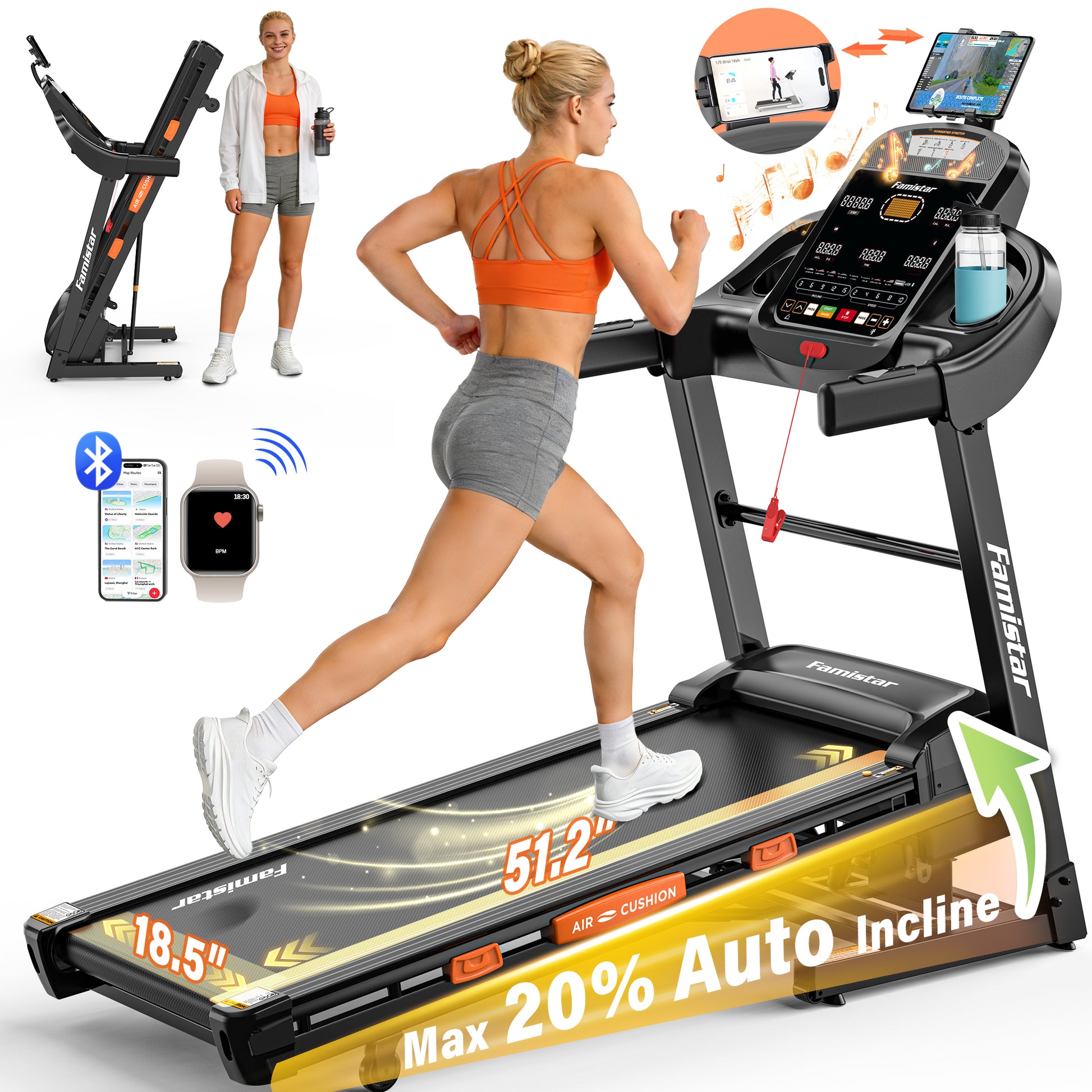 Treadmill for Home with 20% Auto Incline, 5.1HP True Brushless Motor, 12 MPH Max Speed, 400 lb Weight Capacity, Foldable Running Machine, Bluetooth App & Speaker, Wide Running Belt with Shock Absorption, 105 Built-In Programs