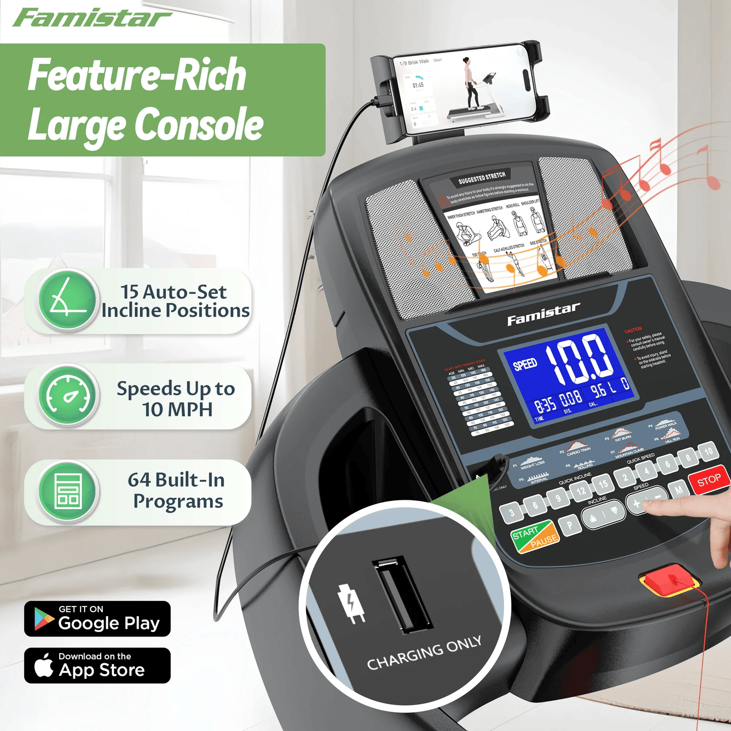 Famistar 5.0HP Smart Folding Treadmill for Home – 15% Auto Incline, 64 Workout Programs, 10MPH Speed, Bluetooth Speakers, APP Control, 300 lbs Capacity, Compact Electric Running Machine with Knee Strap Gift