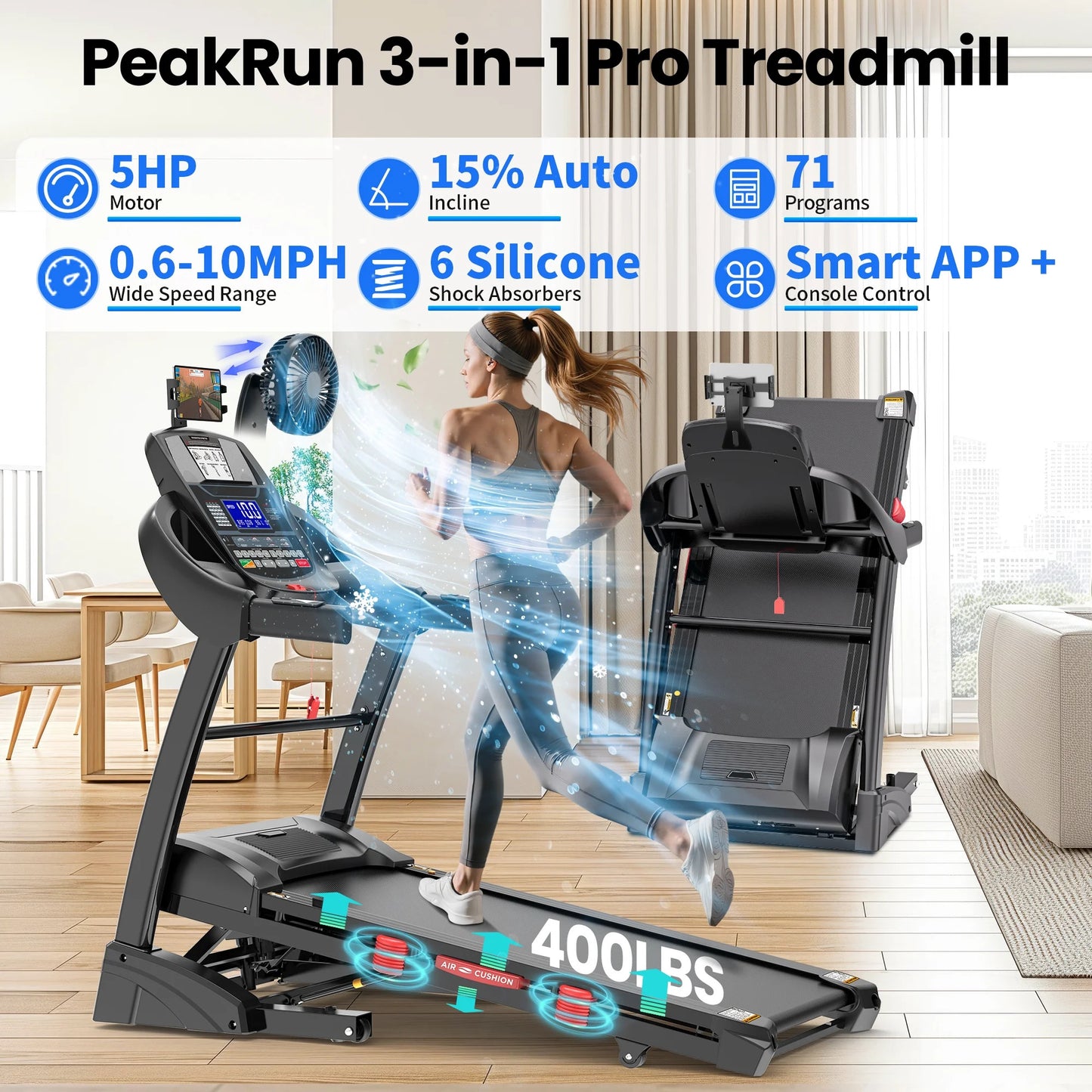 5HP Foldable Treadmill with Cooling Fan for Home w/ 15% Auto Incline, 400lbs Capacity, 10MPH & 64+7 Programs