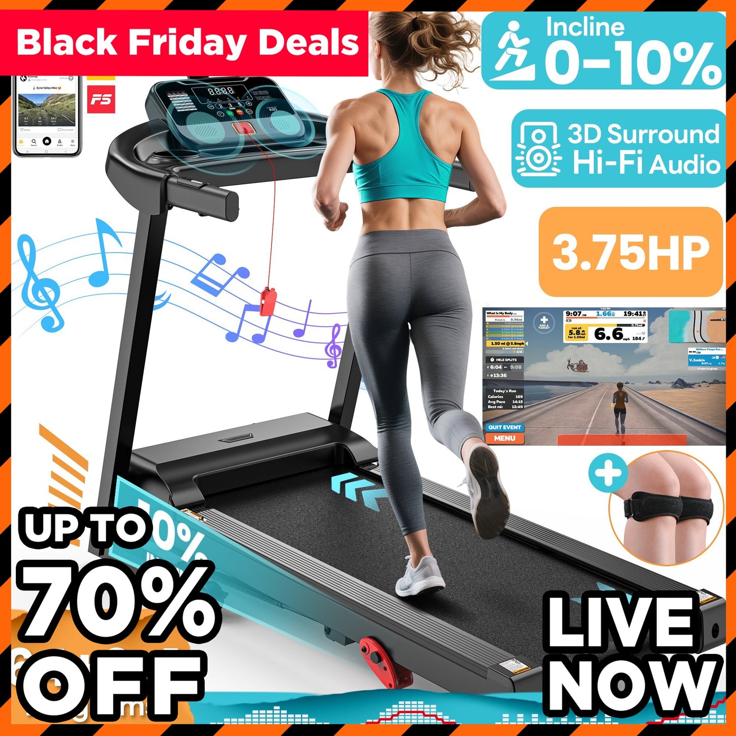 Incline Treadmill 300LBS Capacity Portable Running Treadmills, Free Training Classes with APP, 64+3+3+1 Programs, Air damping System, 7.5MPH Jogging Walking Exercise Machine