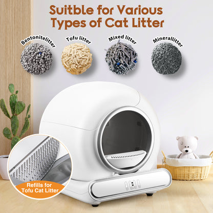 Self Cleaning Cat Litter Box, 65+9L Large Automatic Cat Litter Box with Liner, APP Control and Odor Removal Robot, 2.4G Wifi App Control, Sensor Safety Protection for Multi Cats