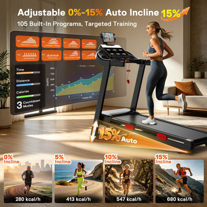Folding Electric Treadmill for Home, Compact Running Machine with 4HP Motor, Treadmill 300 lb Capacity, Treadmill with 15% Incline, 9MPH, Quiet Brushless Motor, 105 Programs, Space-Saving